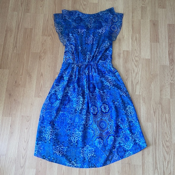 Elie Tahari Blue Sleeveless Chiffon Layover Fit and Flare Midi Dress Size 6 - Picture 8 of 11